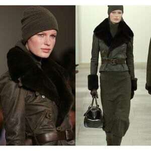 Vintage Ralph Lauren Purple Label Fur Collar Short Jacket Leather Belted Coat 8